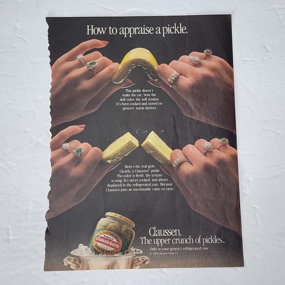 Vintage 1989 Claussen Pickles Print Ad Woman Hands Jewelry Food Advertising Art